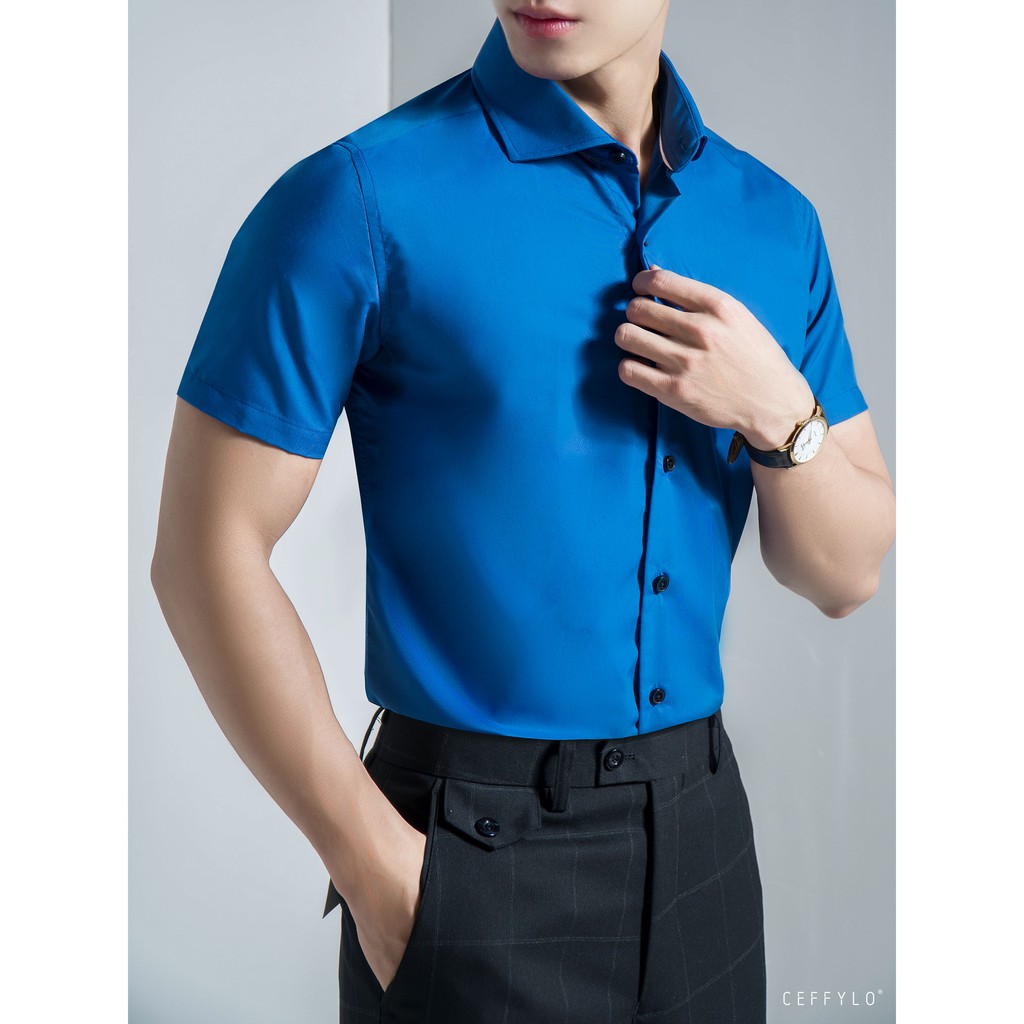 Sơ mi nam cộc tay trơn Xanh Dương cao cấp CEFFYLO chất Cotton Lụa mềm co giãn nhẹ