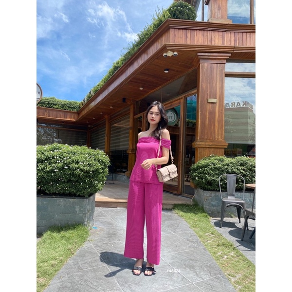 [RÁCH STORE] Set áo trễ vai - quần culottes - dập li (46824)