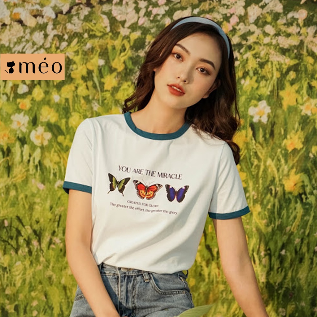 Áo thun tay lỡ Méo shop phông nữ cổ tròn cotton in chữ Miracle form rộng có size