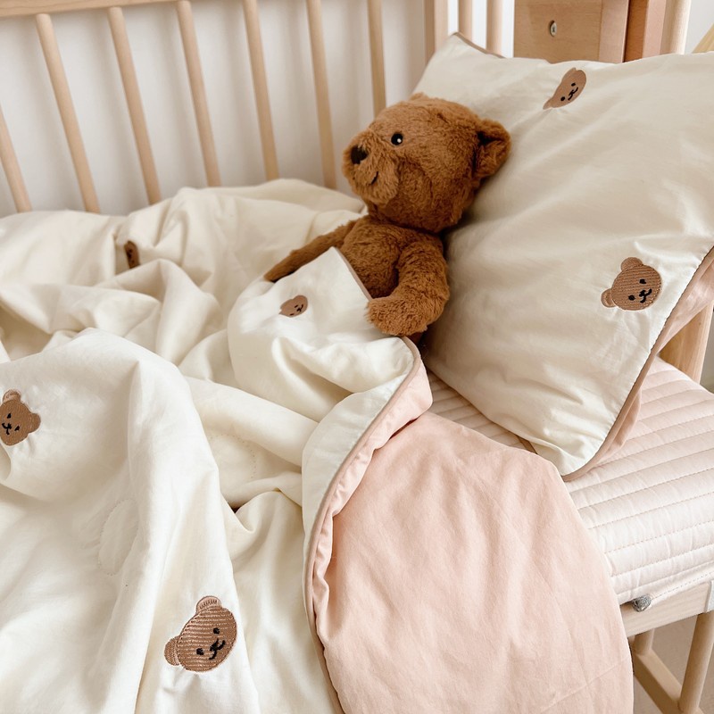 Chăn/ Áo gối cotton nguyên chất thân thiện với da in hình gấu cho trẻ em