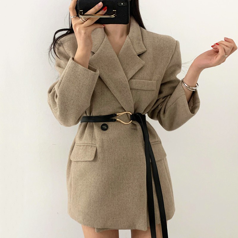 (Hàng Đẹp)Ảnh thật 4 hình cuối-HC328.Áo blazer dạ thu đông thắt đai kiểu mới sành điệu