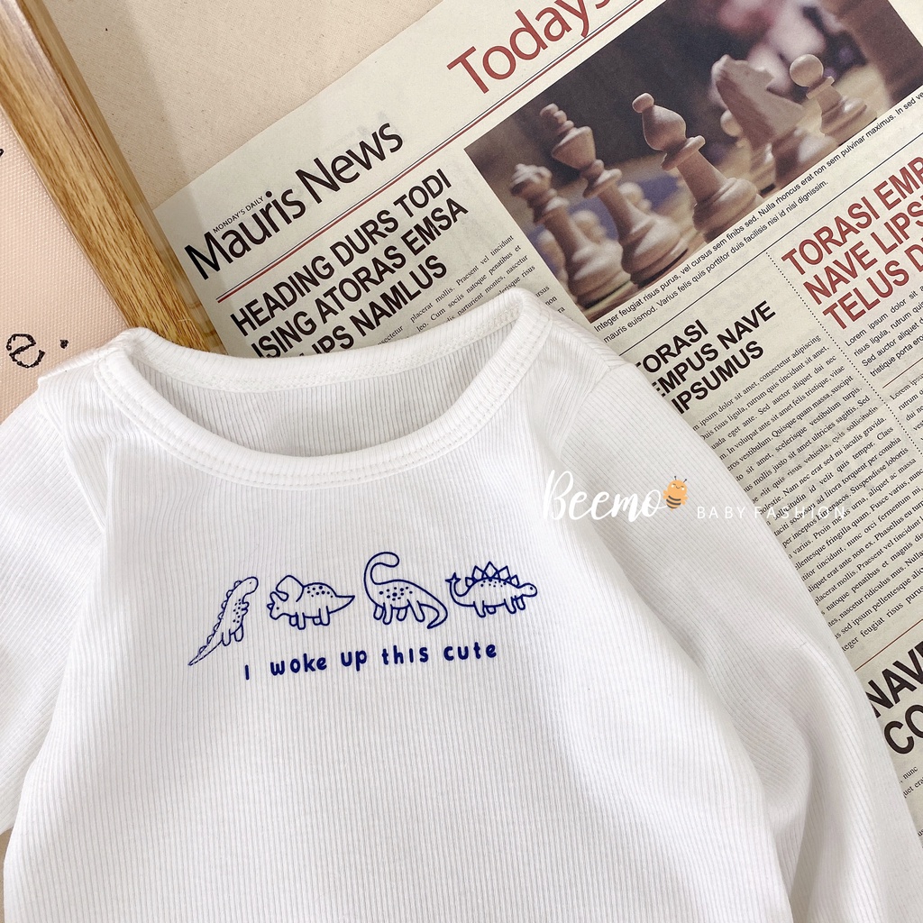 Áo phông bé trai dài tay hoạ tiết khủng long, áo thun len tăm bé trai basic Beemo