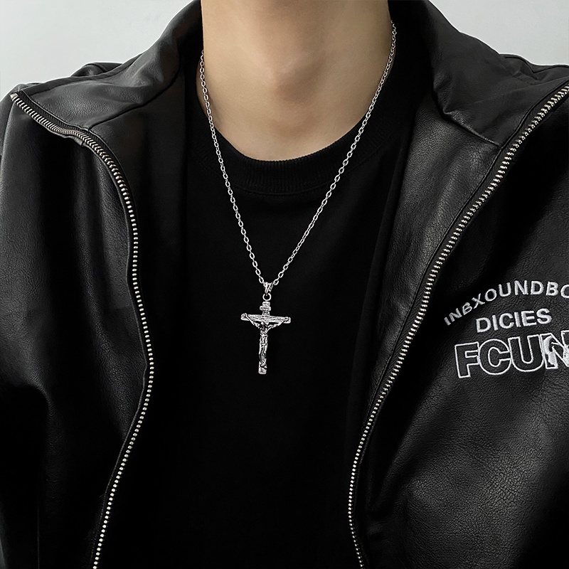 Dây chuyền thép titan mặt chữ thập và Chúa Jesus cá tính phong cách hip-hop