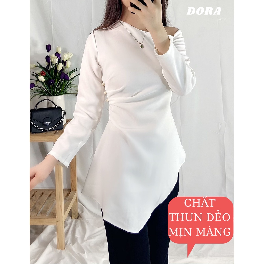 Áo sơ mi kiểu lệch vai tay dài ôm body đi chơi đi tiệc đi làm công sở kèm video ảnh thật Dorastyle