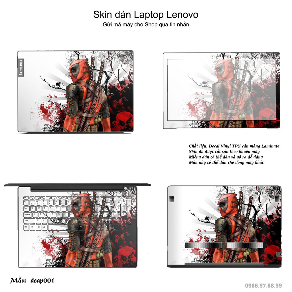 Skin dán Laptop Lenovo in hình Deadpool (inbox mã máy cho Shop)