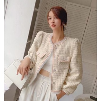 Áo dạ tweed tiểu thư xếp li tay bồng