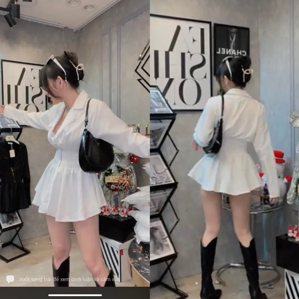 Đầm dây kéo tay dài form ngắn dáng xòe hàng thiết kế
