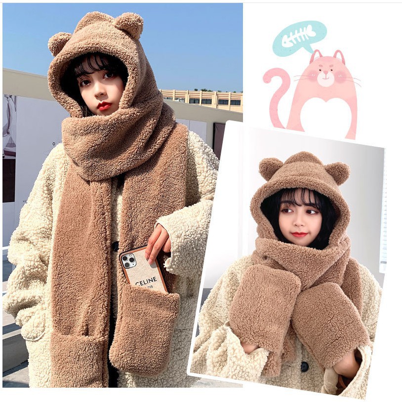 Mũ len, mũ lông cừu tai gấu kèm khăn quàng cổ và găng tay ấm áp - Hàng Cao Cấp nhập khẩu Hàn Quốc