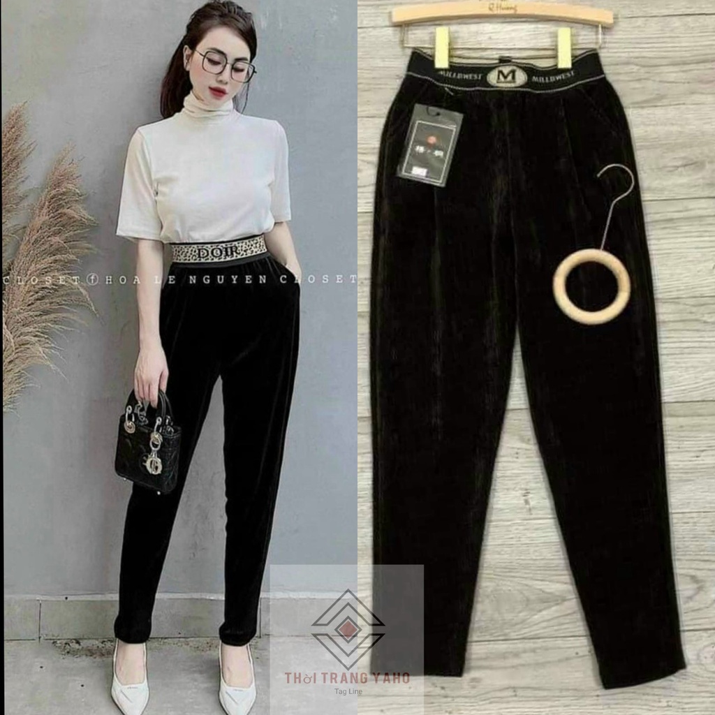 Quần baggy nữ cạp cao chun họa tiết dáng dài vải nhung tăm cao cấp màu đen nâu - Quần vải nữ công sở co giãn mặc đi học