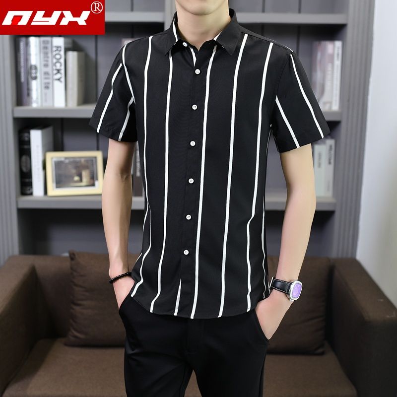 Áo Sơ Mi Nam Ngắn Tay Sọc Trắng Đen Thời Trang