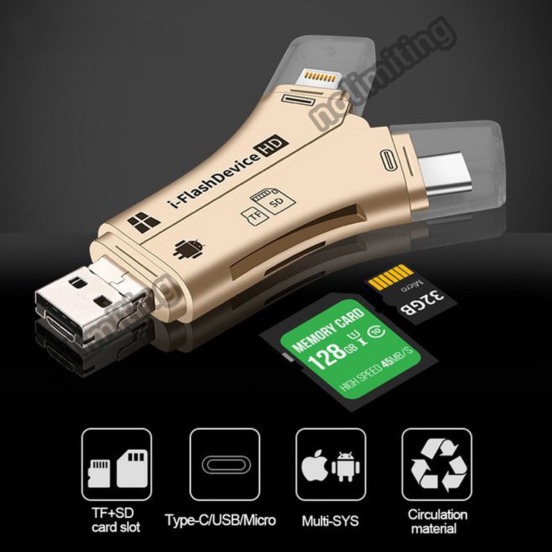 【Ready Stock】 COD4 Trong 1 iPhone/Micro Usb/USB Loại C/USB SD Đa Chức Năng OTG Card đầu Đọc Pembaca Kad