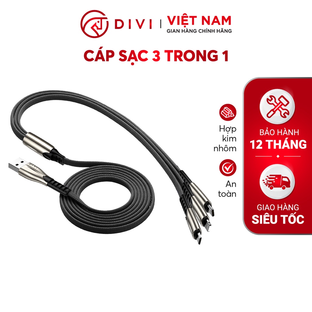 Dây cáp sạc 3 trong 1 - DIVI P442 - Vỏ bện nylon - Hàng phân phối chính hãng - Bảo hành 12 tháng 1 đổi 1