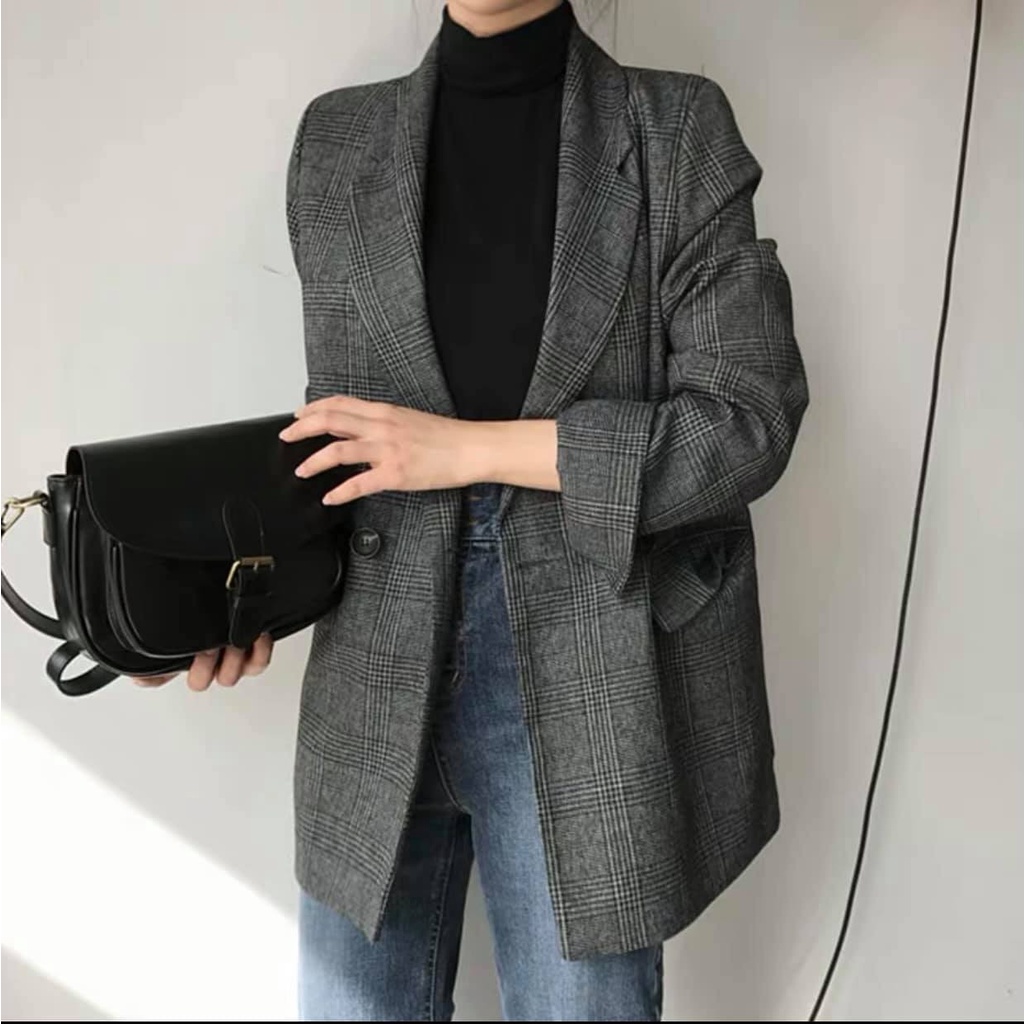Áo blaze kẻ xẻ tay 2 lớp - Áo khoác nữ vest dáng rộng phong cách trẻ trung