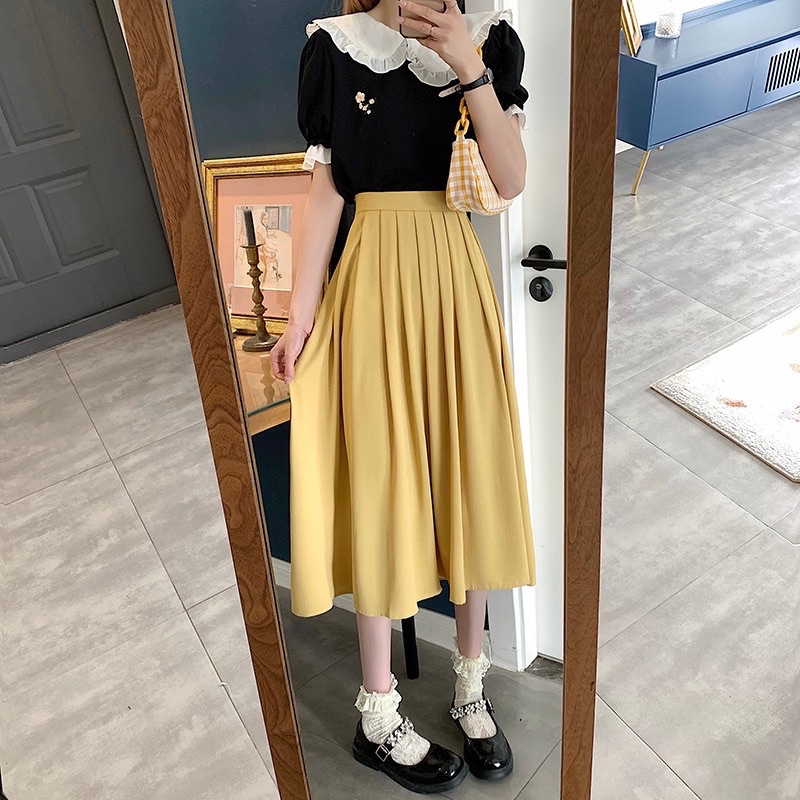 Shopbelinh - Chân Váy Midi Chữ A Lưng Cao Xếp Ly có chun sau lưng Phong Cách Hàn Quốc Thời Trang Cho Nữ