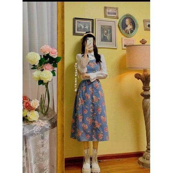 Vải bò hoa mềm co giãn lên váy, yếm, bộ