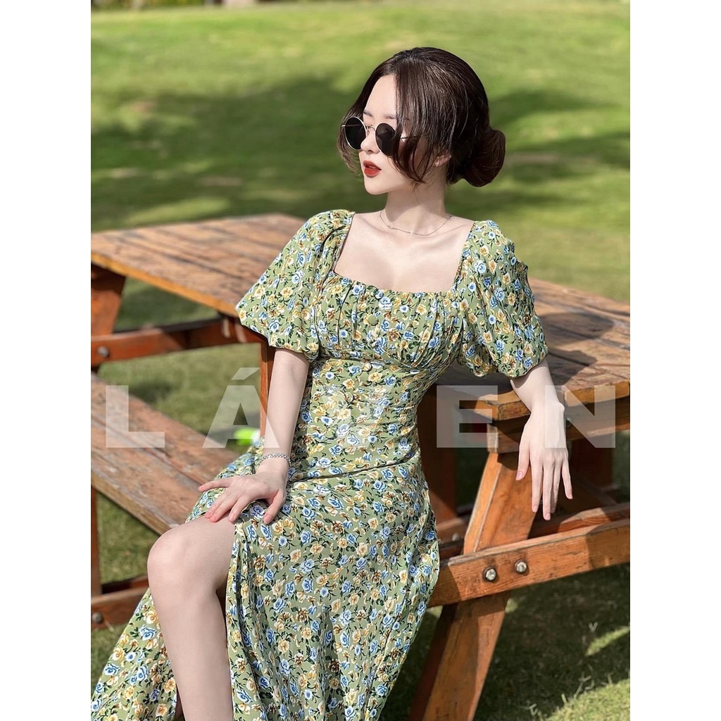 Váy đầm maxi đi biển cổ vuông tay phồng dnags dài có mút ngực phong cách trẻ trung