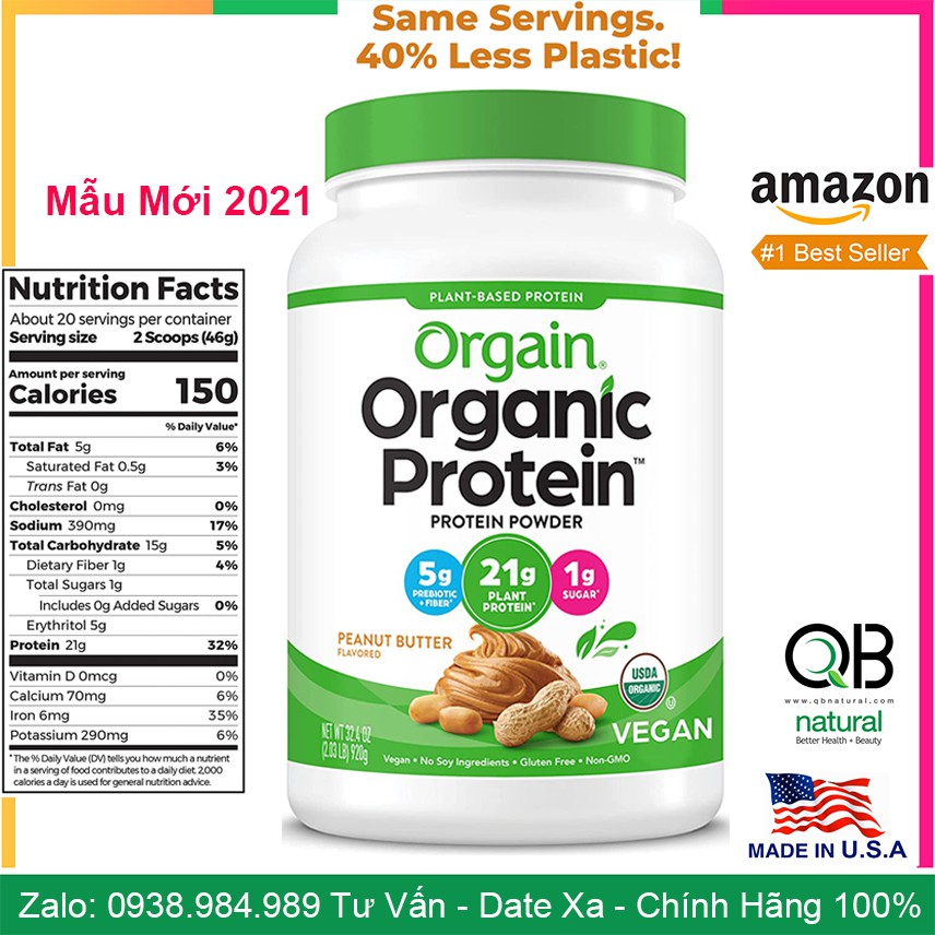 Orgain Protein organic Bột Đạm Làm Bánh Pha Sữa hữu cơ thực vật SuperFood, Vanilla Bean Vegan, Non GMO