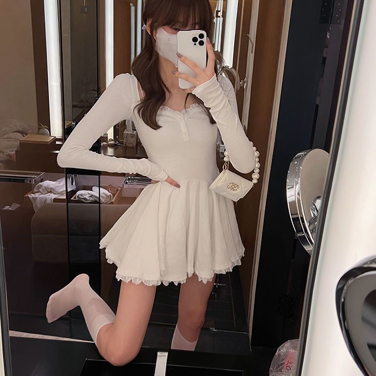 COZOKC Đầm Ren Tay Phồng Dài Cá Tính Quyến Rũ Cho Nữ