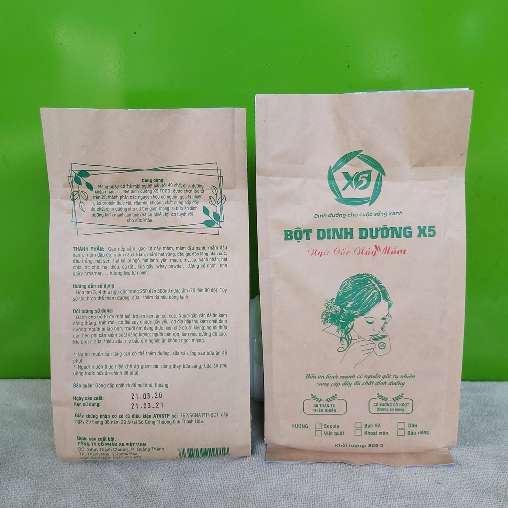 Bột dinh dưỡng x5 được làm từ ngũ cốc nảy mầm,bổ sung thêm sữa tách béo, whey powder,đường cỏ ngọt,nondairy creamer...