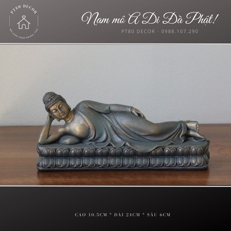 Tượng Phật nằm, Phật Nhập Niết Bàn PT80 Decor, Phiên bản nhỏ phủ đồng xám sắc nét, thần thái