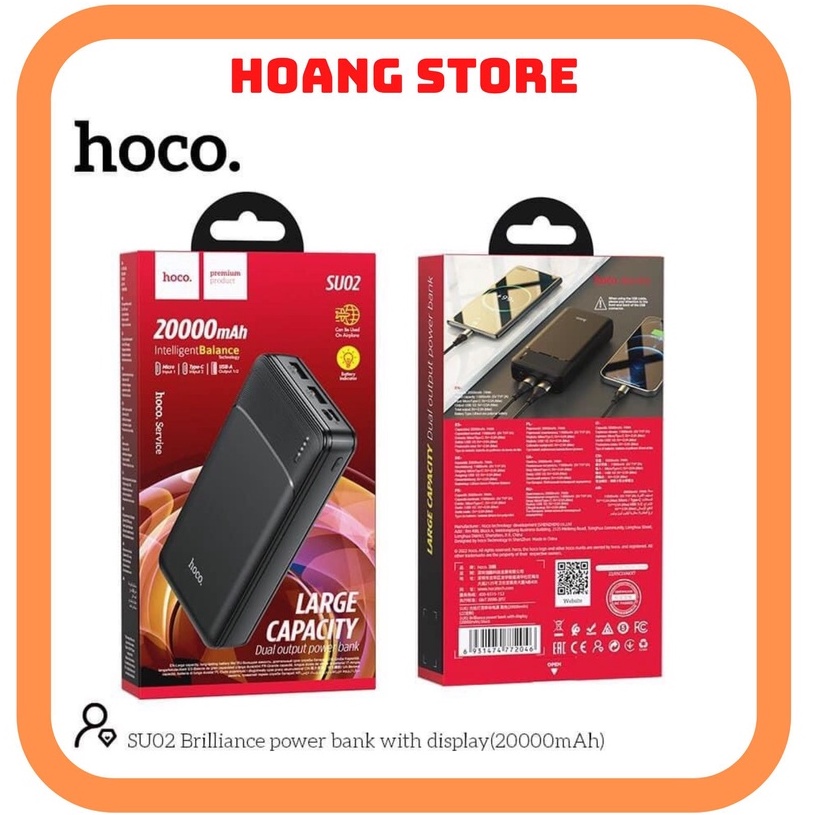 Pin sạc dự phòng Hoco SU02 đèn báo pin, 2 cổng ra, tích điện 20000mAh - Chính hãng < bao hành 12 tháng >