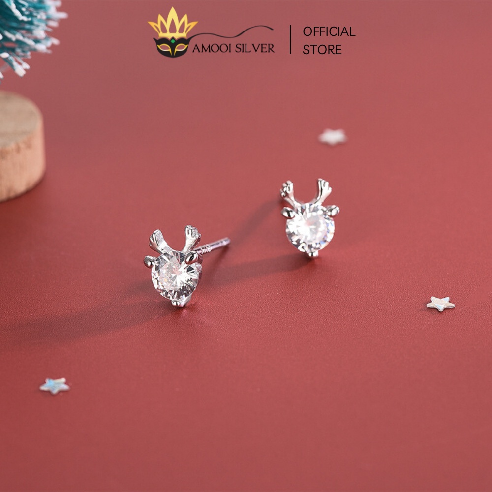 Bông Tai Bạc S925 Thiết Kế Mẫu Tuần Lộc Đính Đá Xinh Xắn - Amooi Silver AB40