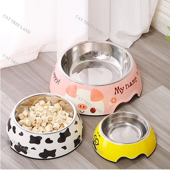 BÁT ĂN CHÓ MÈO BẰNG NHỰA MELAMINE CAO CẤP, KÈM CHÉN INOX, BỌC CAO SU CHỐNG TRƠN TRƯỢT - KHAY ĐỰNG THỨC ĂN THÚ CƯNG
