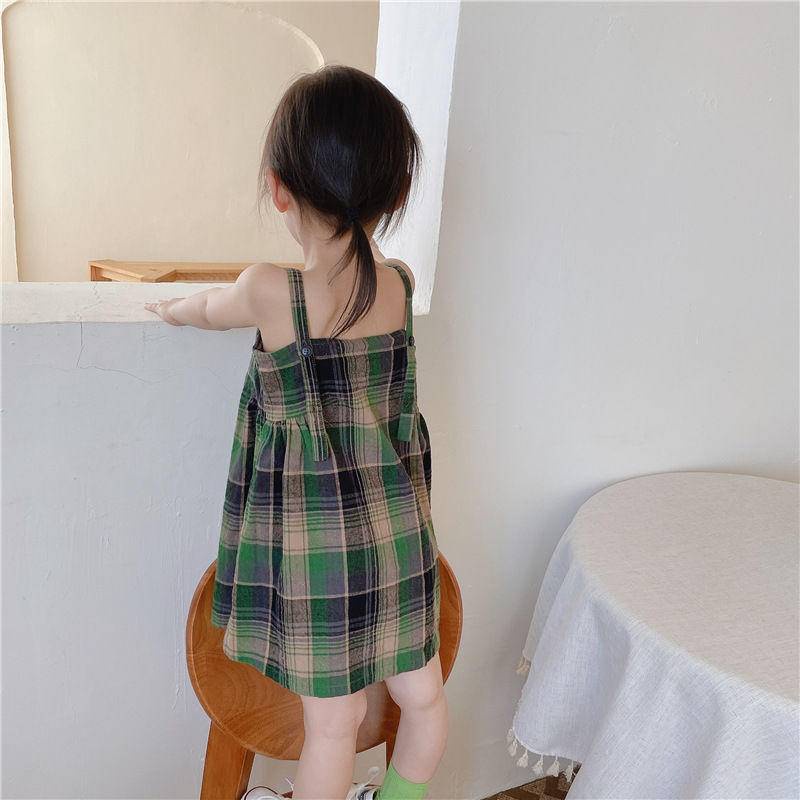 Áo đầm hai dây vải cotton và lanh họa tiết kẻ ô cổ điển phong cách Hàn Quốc dành cho bé gái
