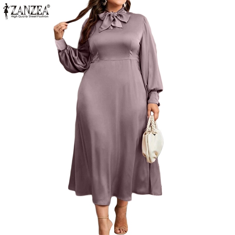 Đầm satin ZANZEA dài xoè eo cao buộc dây cổ đứng