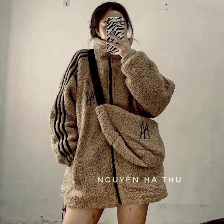 [CÓ ẢNH THẬT] Áo Khoác Lông N Y Kèm Túi Chéo- Áo Khoác Lót Lông Nâu Sang Chảnh Form Rộng Unisex