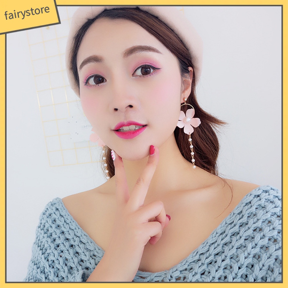 Khuyên Tai Dáng Dài Đính Hoa Và Ngọc Trai Nhân Tạo Thời Trang