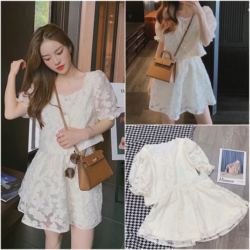 Set Ren Thêu Hoa Nổi Áo Mix Chân Váy Xoè (Hàng Quảng Châu Loại 1) Set Đồ Xinh Hàn Quốc