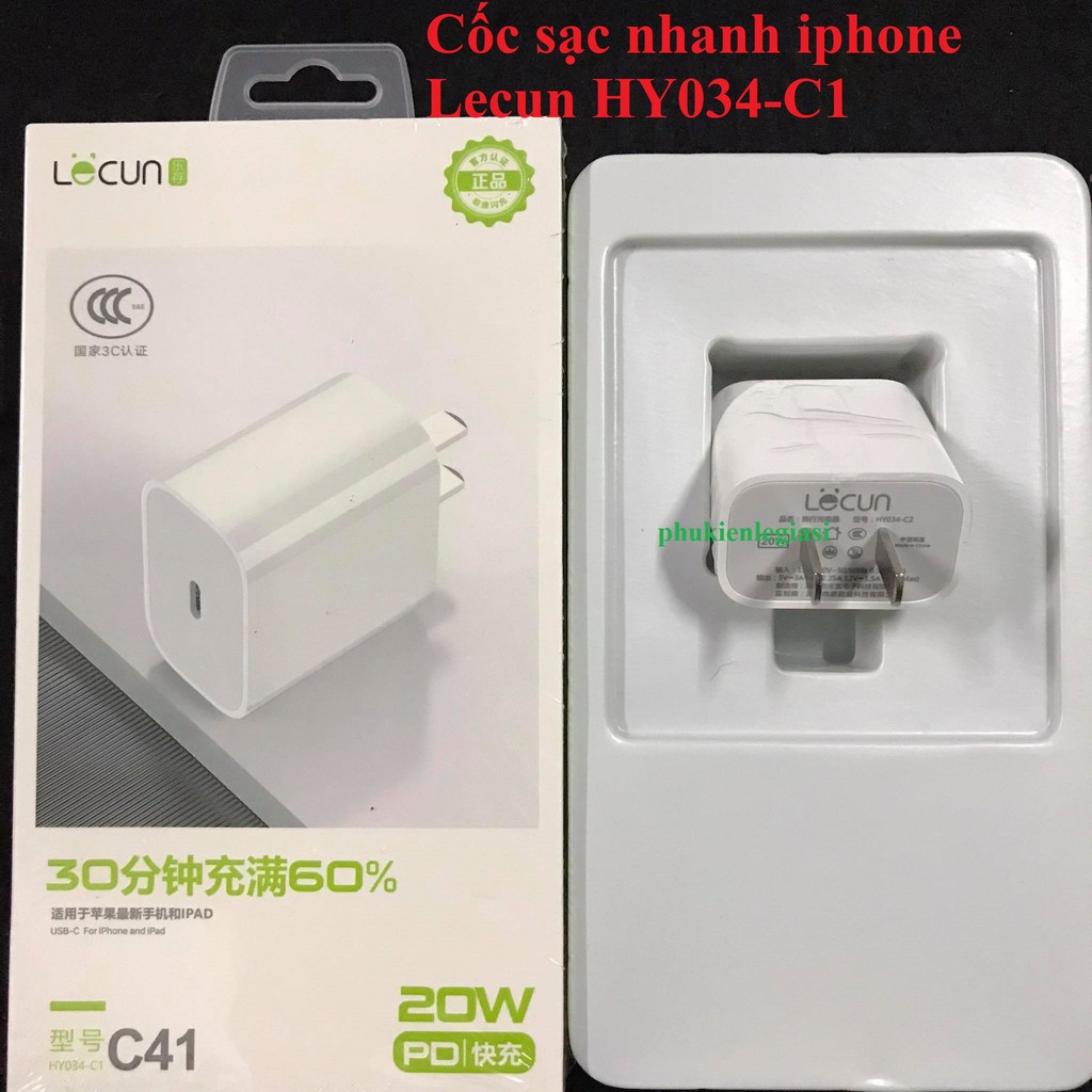 Cốc sạc nhanh iphone 20W chuẩn PD type C to lightning hiệu Lecun HY034-C1 C41