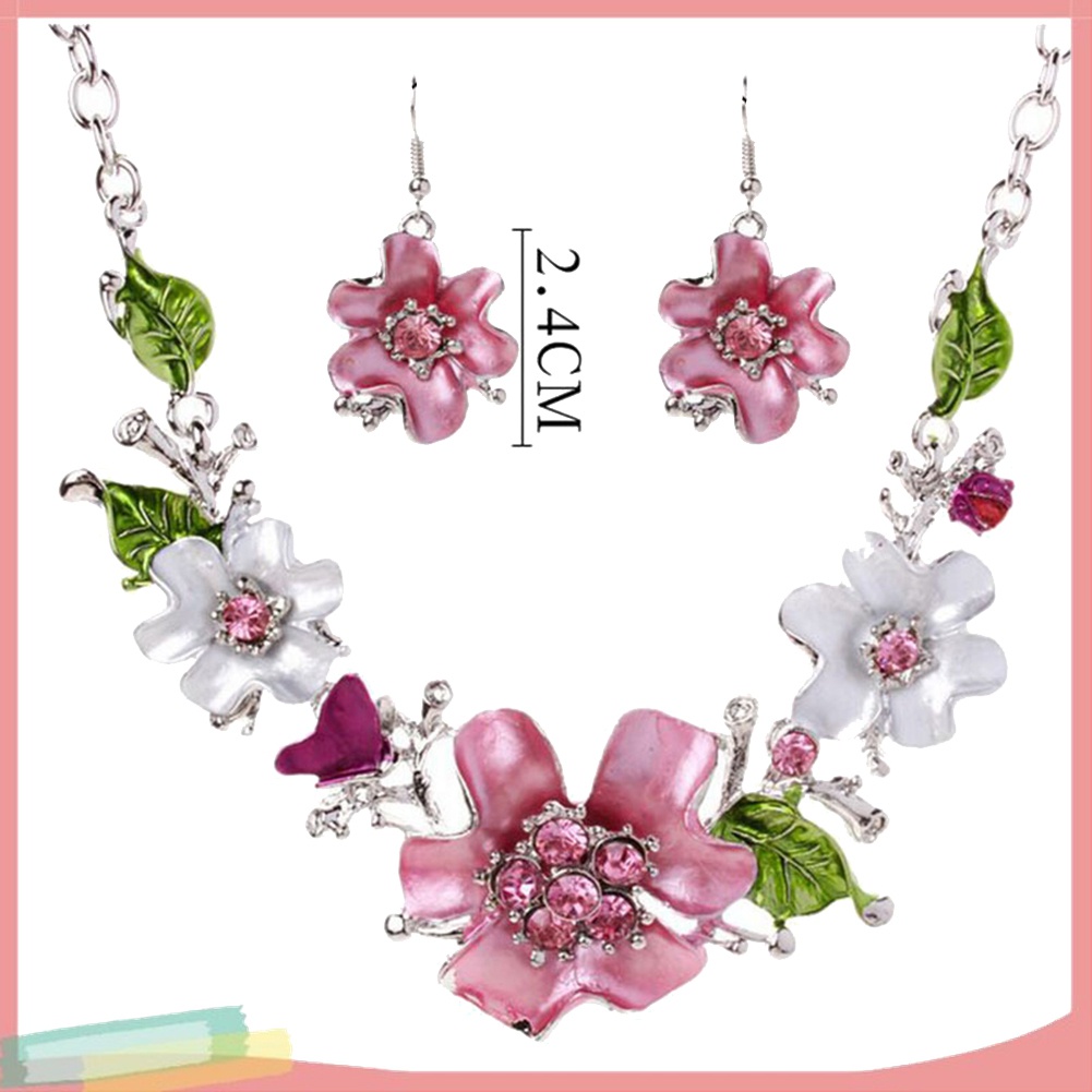 Bộ Vòng cổ + Đôi Khuyên Tai Mặt Hoa Đính Đá Nhiều Màu Thời Trang Cho Nữ