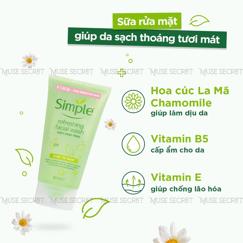 [Quà Tặng Khẩu Trang] Sữa Rửa Mặt Simple - Kind To Skin Refreshing Facial Wash Gel dịu nhẹ giúp da sạch thoáng 150ml | BigBuy360 - bigbuy360.vn