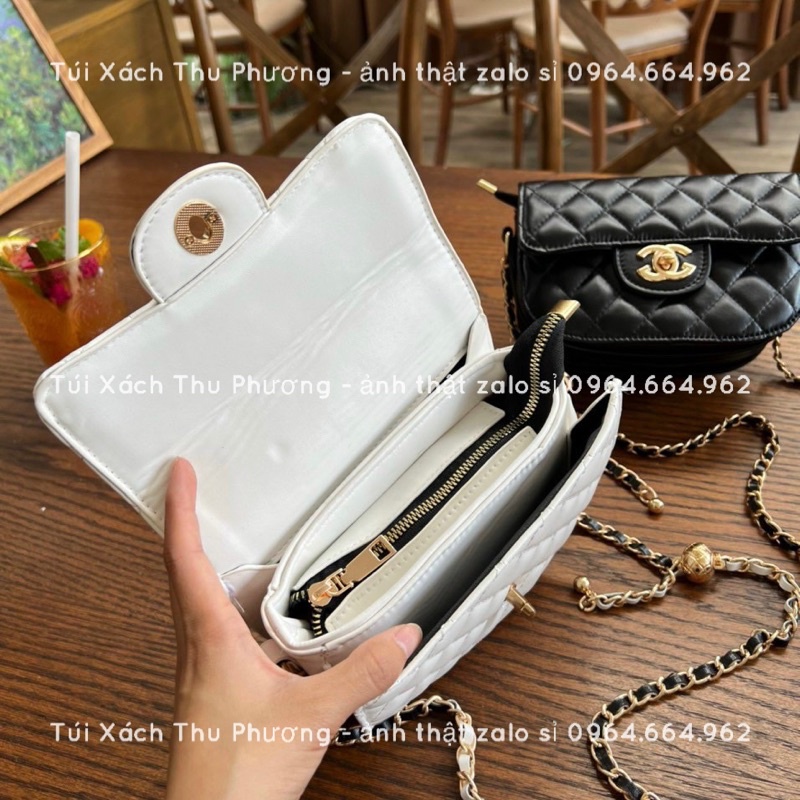 Túi đeo chéo nữ, Túi nắp xoay có khoá kéo trần ô, dây kèm quả tròn siêu xinh cho nữ (ảnh thật shop chụp)
