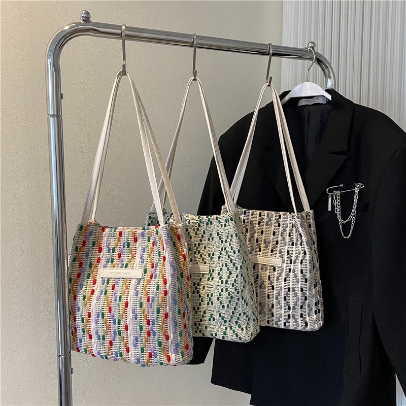 Túi Xách Tote Dệt Kim Họa Tiết Sọc Caro Màu Sắc Tương Phản Cỡ Lớn Thời Trang Cho Nữ