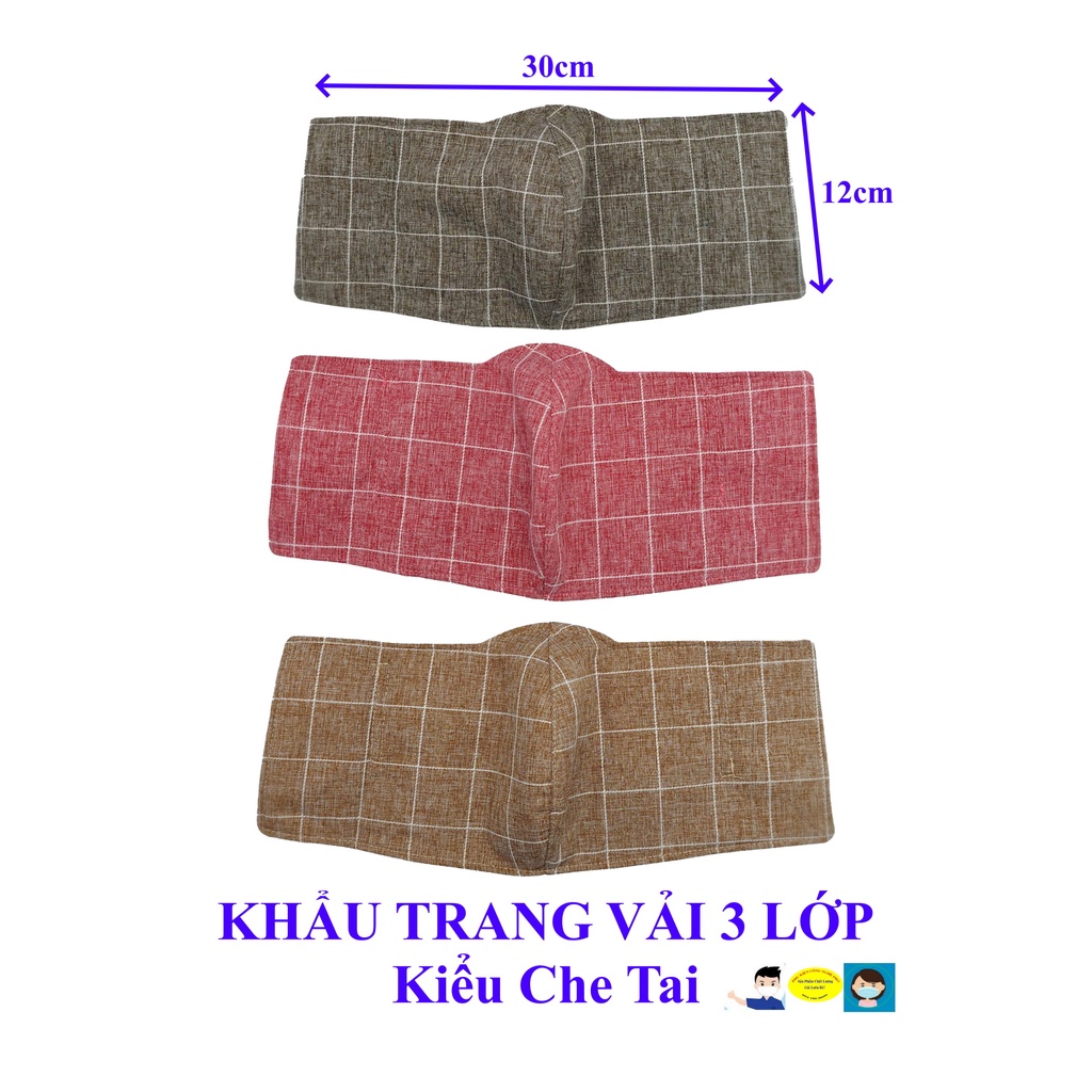 Khẩu trang vải Kiểu che tai Kẻ sọc trắng vuông Chất liệu vải 3 lớp dày êm MINH ANH, Chống nắng,Chống bụi,Bảo vệ sức khỏe