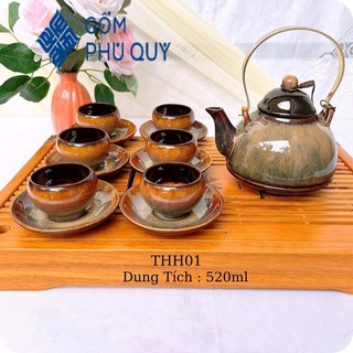 Bộ Ấm Chén Uống Trà 🎁 Gốm Sứ Bát Tràng 🎁 Bộ Ấm Trà,chuông Gấm Cao Cấp Decor Gomphuquy Thh01