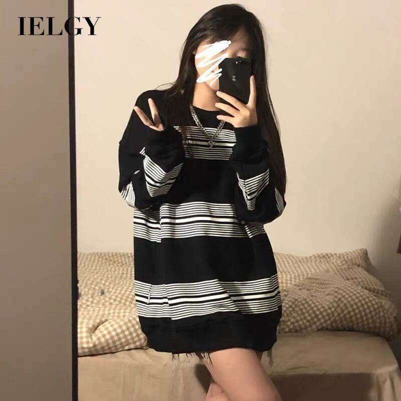 Áo sweater IELGY dành cho nữ thiết kế tay dài cổ tròn in họa tiết kẻ sọc cổ điển thời trang