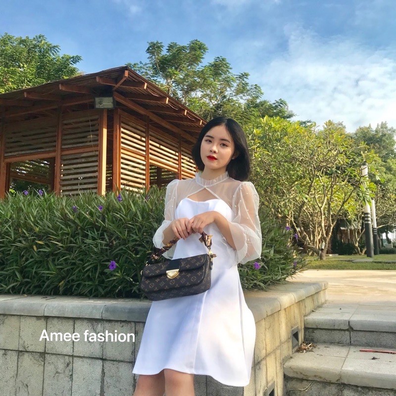 Váy đầm nữ dáng xòe tay lưới phồng đính cườm cổ tàu khoét ngực (có sẵn mút) | BigBuy360 - bigbuy360.vn