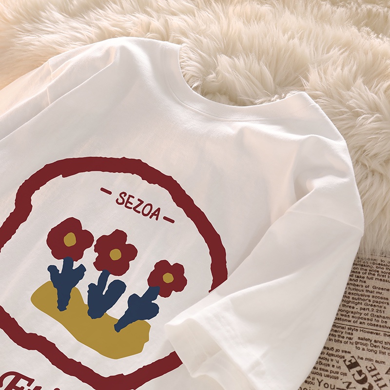 Áo thun Xiaozhainv ngắn tay cổ tròn dáng rộng in họa tiết cá tính cho nữ