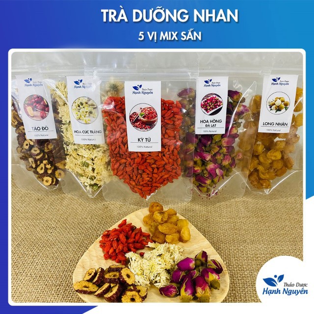 Trà Dưỡng Nhan 5 Vị (Gồm: 25g Hoa Cúc; 35g Nụ Hoa Hồng; 50g Long Nhãn; 50g Kỷ Tử; 70g Táo Đỏ)