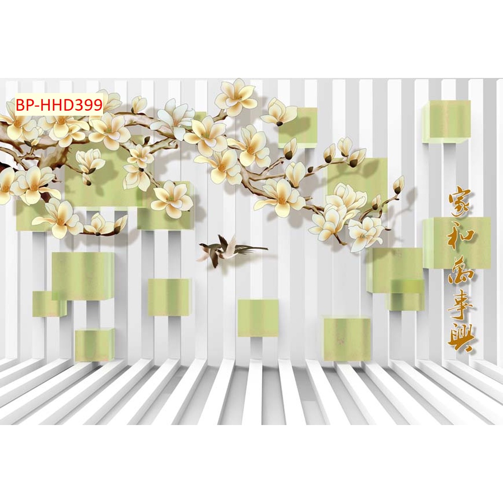 Tranh hoa mộc lan dán tường vải lụa 3d siêu bền đẹp