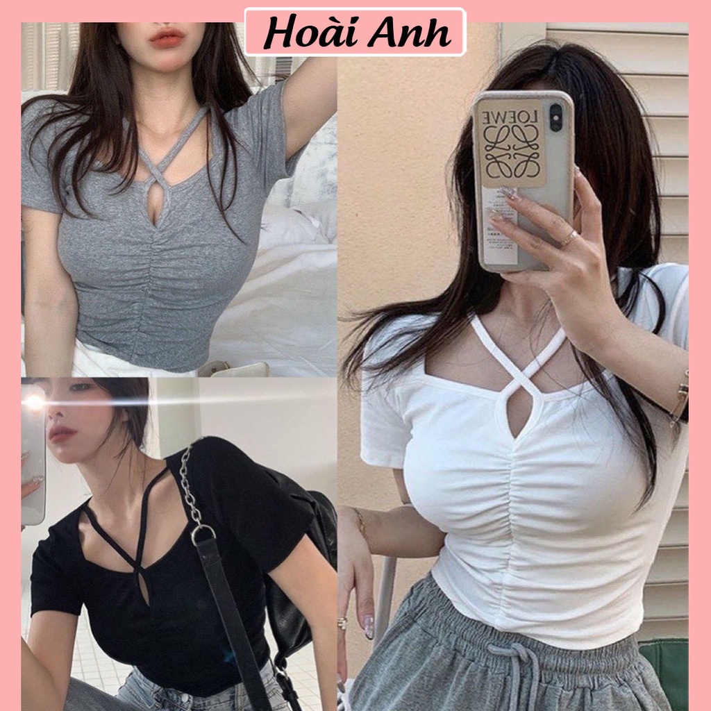 Áo Croptop Dây Chéo Ngực Áo Croptop Nữ Ngắn Tay Khoét Ngực Chất Thun Bozip Ôm Body Freesize