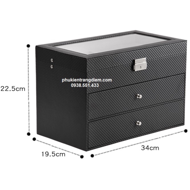 Hộp Đựng Mắt Kính 3 Tầng - 18 Ngăn Vỏ Da Vân Carbon - Nắp Kính Trong Suốt Chống Bụi Bẩn