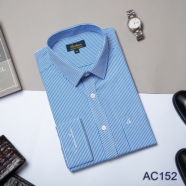 Áo Sơ Mi Nam Công Sở Trung Niên Thương Hiệu Anton Xanh Dương Dài Tay Kẻ Sọc Xanh Vải Cotton – XAC152