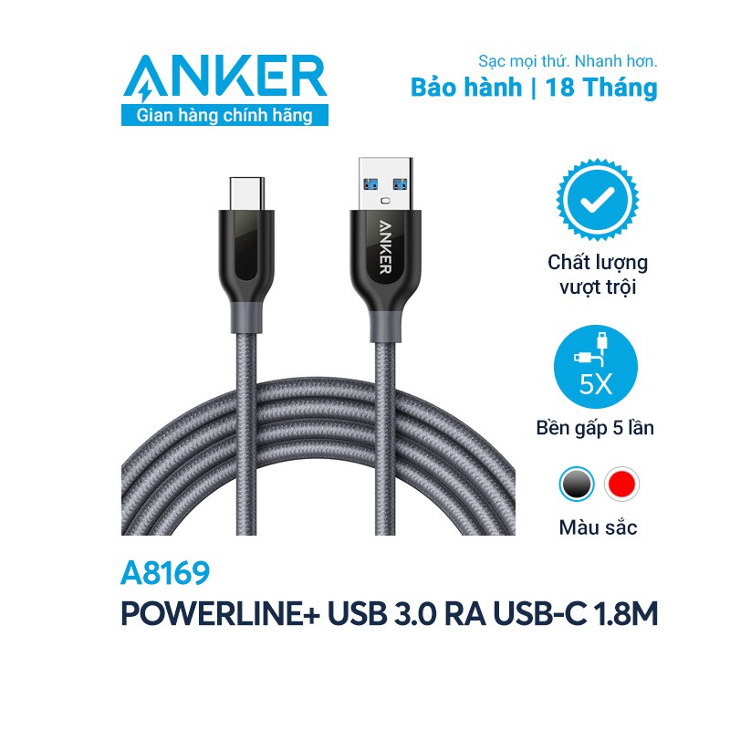 Cáp sạc ANKER Powerline+ USB-C ra USB-A 3.0 dài 1.8m - A8169