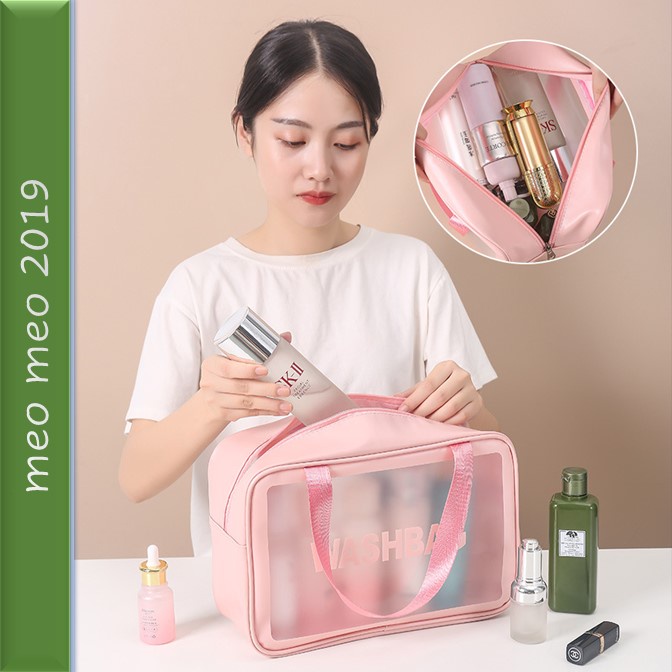 Túi đựng mỹ phẩm đồ make up Wash bag trong suốt chống nước du lịch Màu Hồng 31x12x22cm