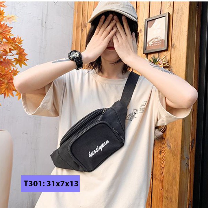 Túi bao tử đeo chéo vải bố unisex nam nữ đeo bụng đeo trước ngực Douciyuan cá tính T301